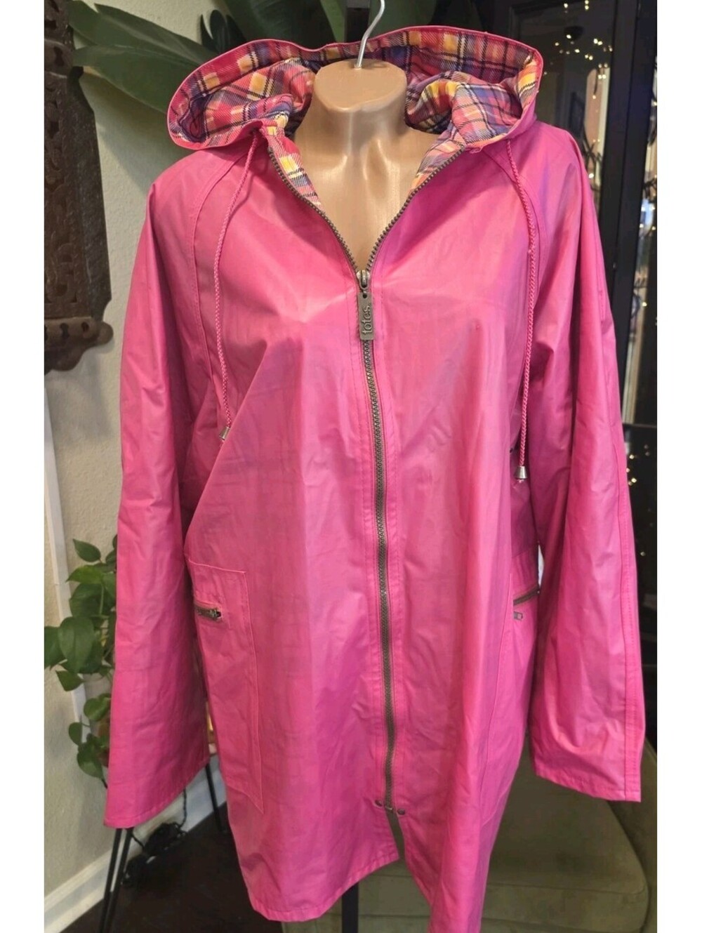 Vintage Totes Rain Jacket Pink Hooded Plaid Lined Full Zip Style 5228 Small EUC